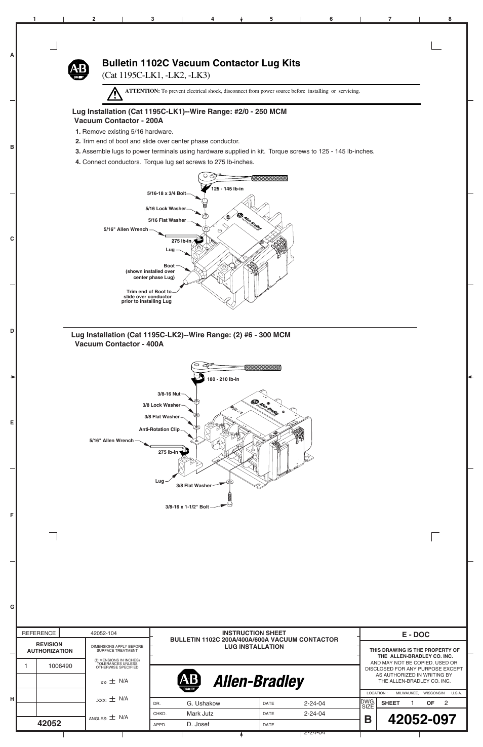 Rockwell Automation 1195C-LK1_LK2_LK3 200A / 400A / 600A Vacuum Contactor Lug Kits User Manual | 2 pages