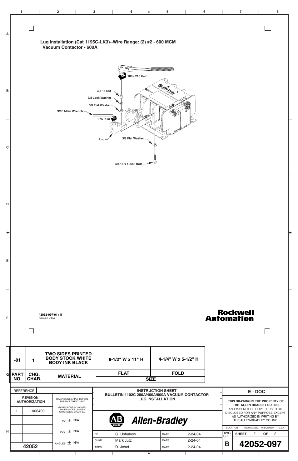 Rockwell Automation 1195C-LK1_LK2_LK3 200A / 400A / 600A Vacuum Contactor Lug Kits User Manual | Page 2 / 2