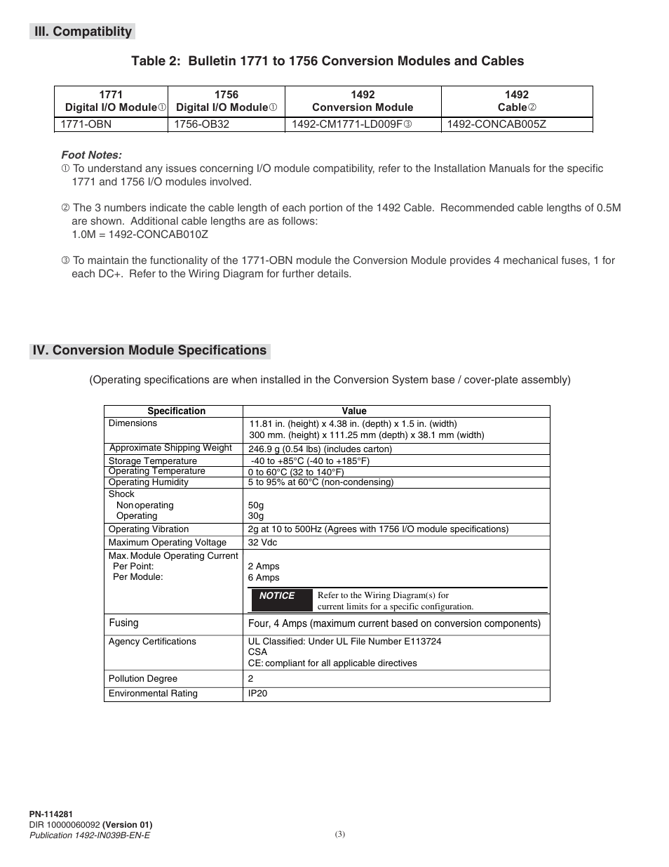 Iv. conversion module specifications, Iii. compatiblity | Rockwell Automation 1492-CM1771-LD009F Fused Field Conversion Module User Manual | Page 3 / 6