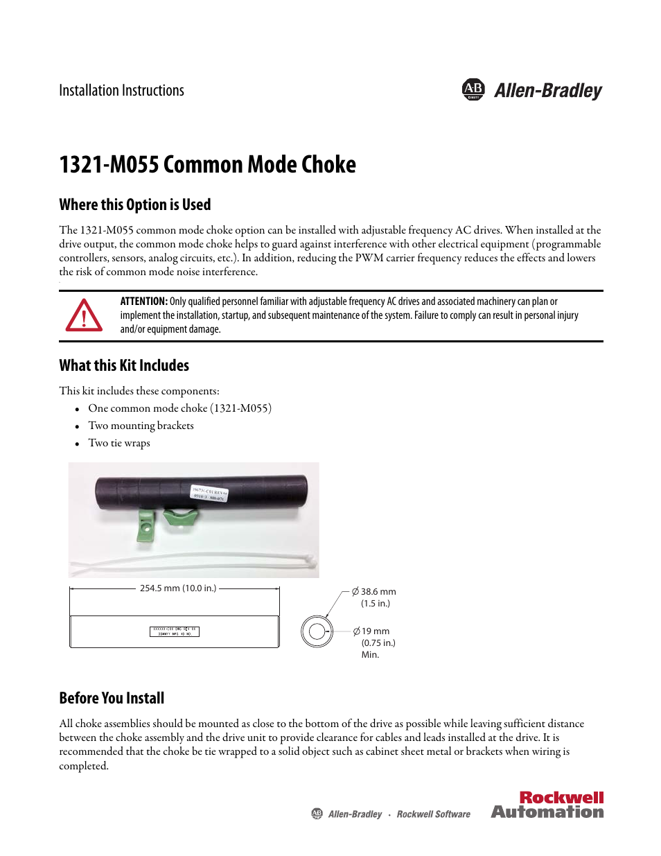 Rockwell Automation 1321-M055 Common Mode Choke User Manual | 2 pages