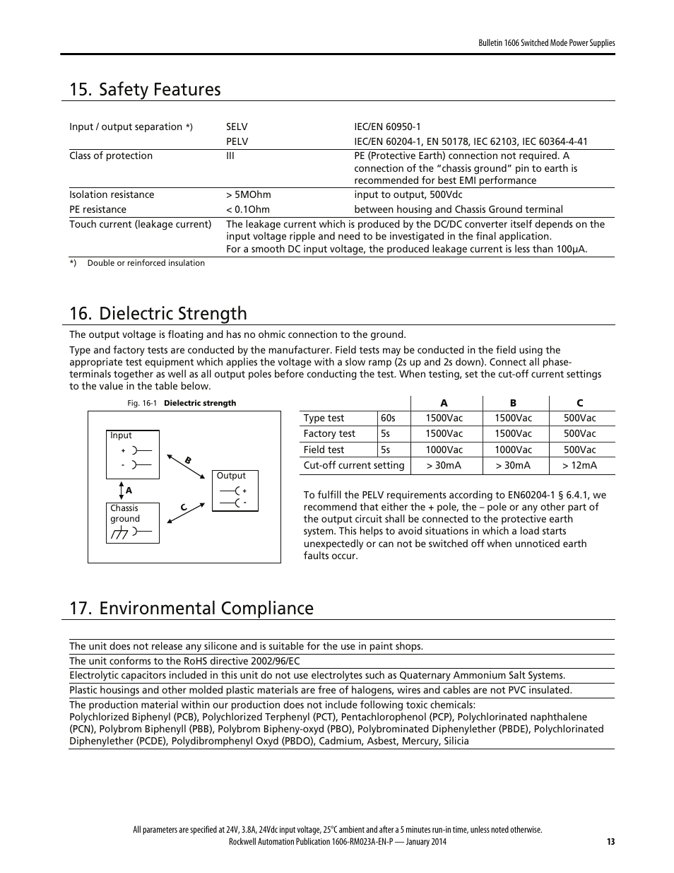 Safety features, Dielectric strength, Environmental compliance | Rockwell Automation 1606-XLDC92D Power Supply Reference Manual User Manual | Page 13 / 22