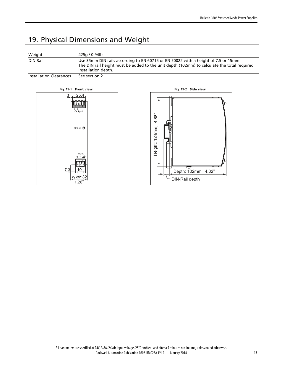 Physical dimensions and weight | Rockwell Automation 1606-XLDC92D Power Supply Reference Manual User Manual | Page 15 / 22