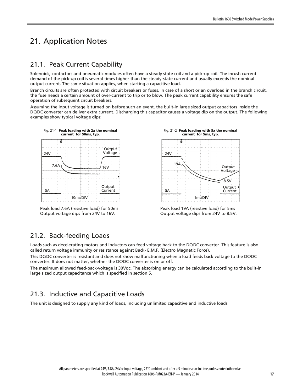 Peak current capability, Back-feeding loads, Inductive and capacitive loads | Rockwell Automation 1606-XLDC92D Power Supply Reference Manual User Manual | Page 17 / 22