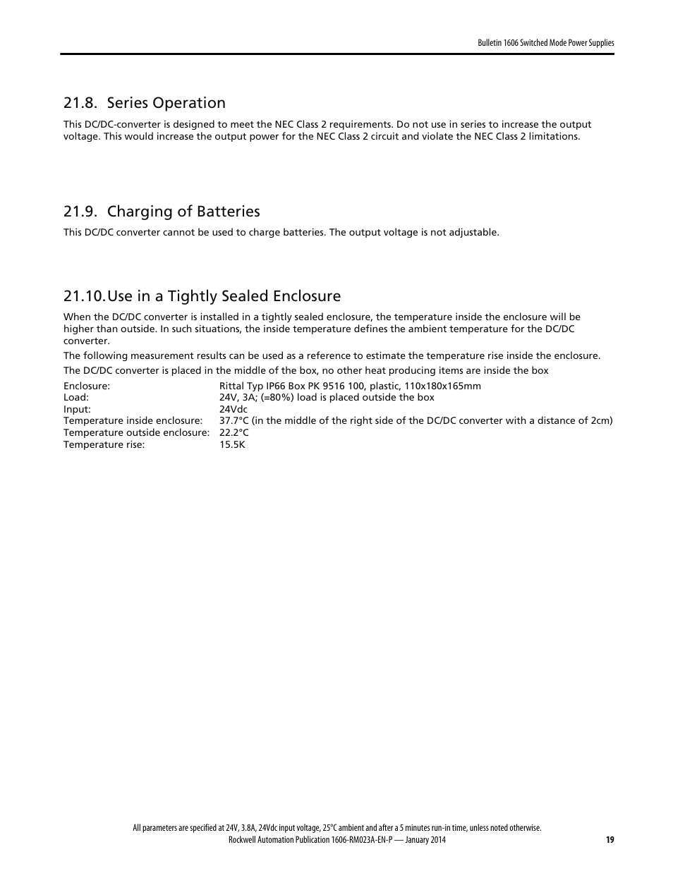 Series operation, Charging of batteries, Use in a tightly sealed enclosure | Rockwell Automation 1606-XLDC92D Power Supply Reference Manual User Manual | Page 19 / 22