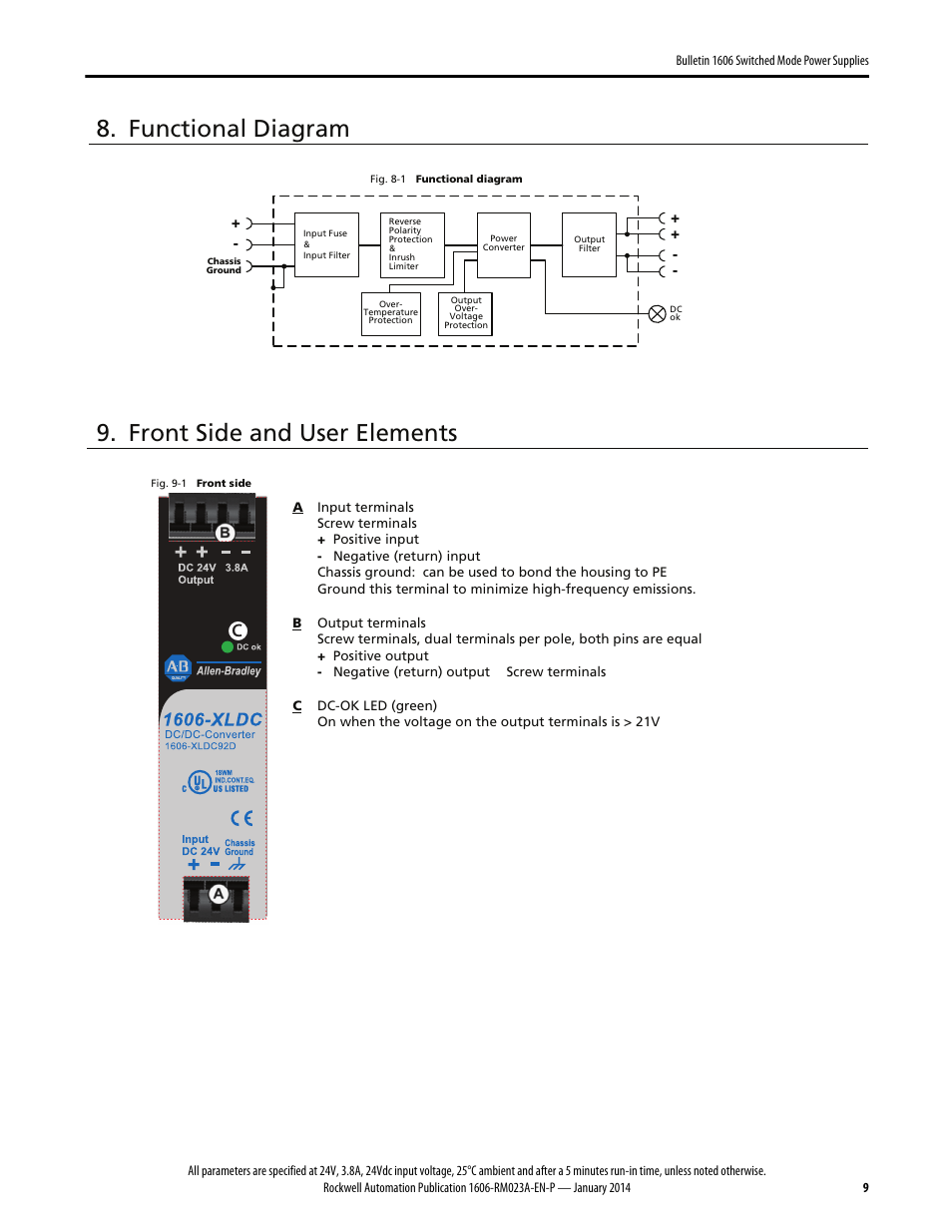 Functional diagram, Front side and user elements | Rockwell Automation 1606-XLDC92D Power Supply Reference Manual User Manual | Page 9 / 22