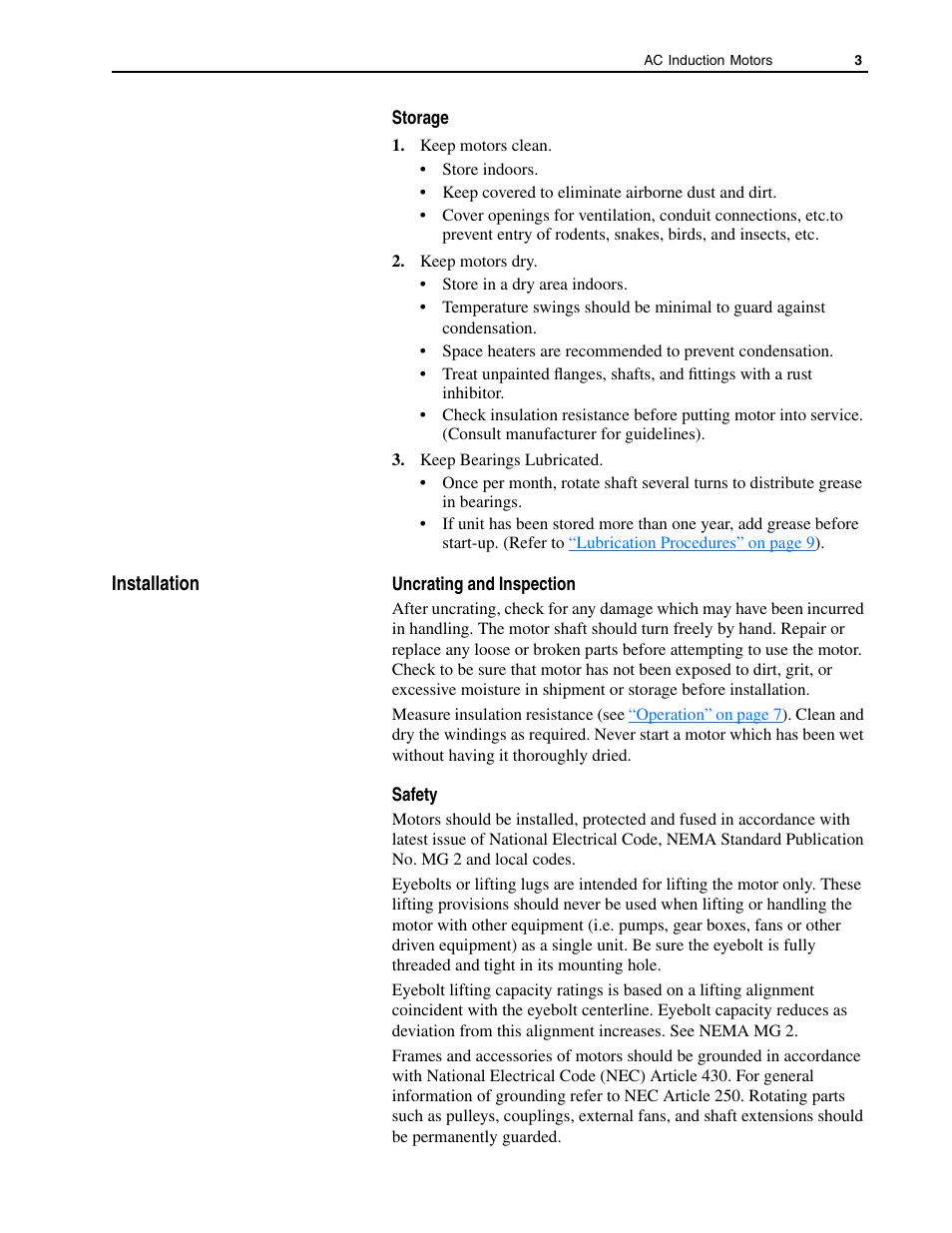 Storage, Installation, Uncrating and inspection | Safety, Uncrating and inspection safety | Rockwell Automation 1329M AC Induction Motors, 56-5000 Frame, User Manual User Manual | Page 3 / 16