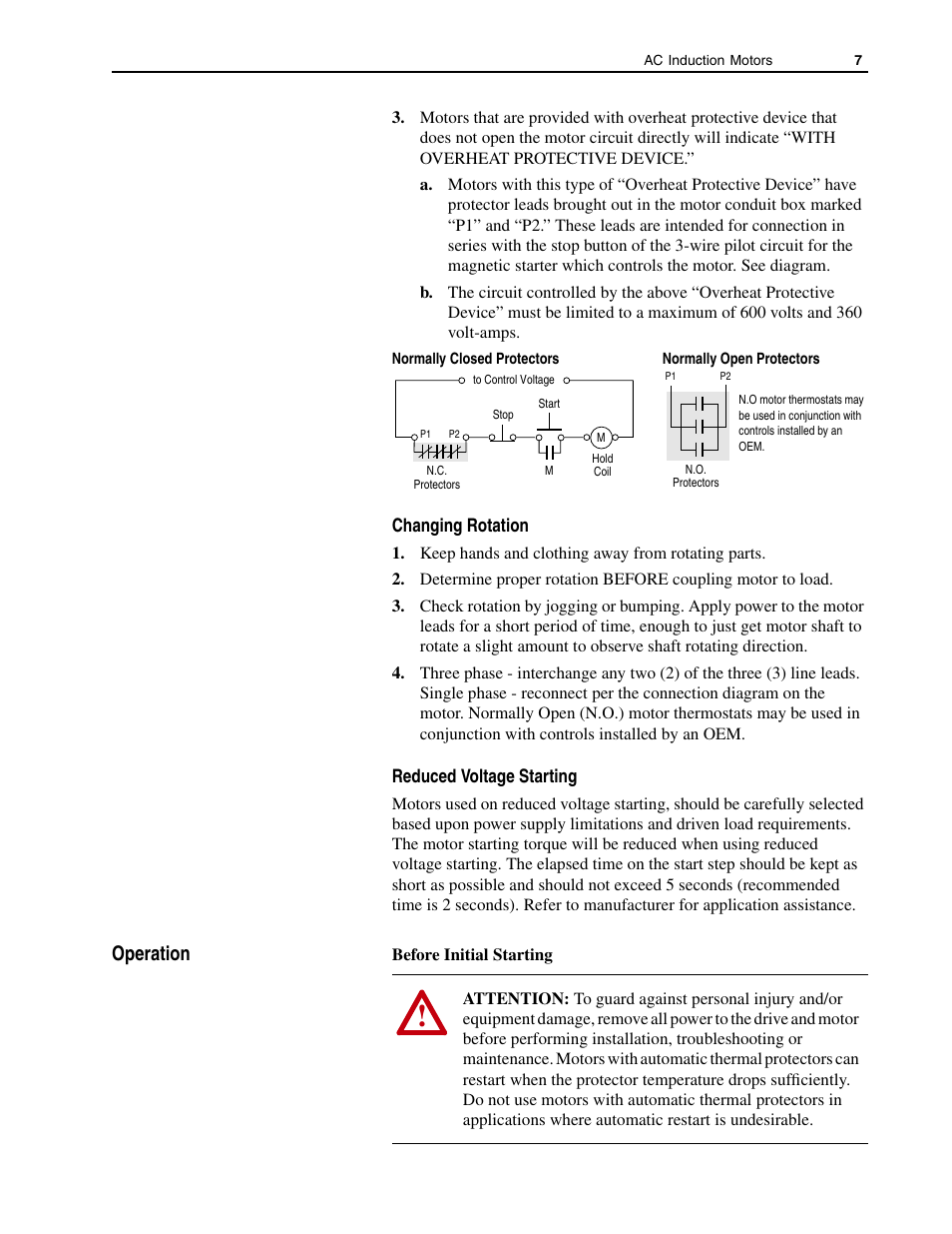 Changing rotation, Reduced voltage starting, Operation | Changing rotation reduced voltage starting | Rockwell Automation 1329M AC Induction Motors, 56-5000 Frame, User Manual User Manual | Page 7 / 16