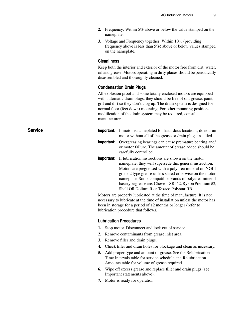 Cleanliness, Condensation drain plugs, Service | Lubrication procedures, Cleanliness condensation drain plugs | Rockwell Automation 1329M AC Induction Motors, 56-5000 Frame, User Manual User Manual | Page 9 / 16