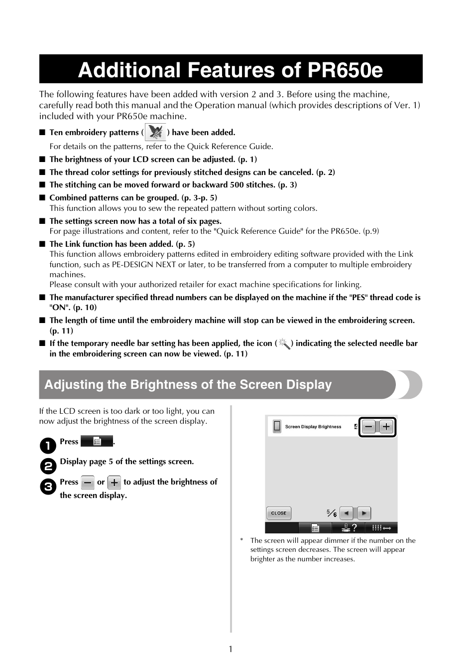 Additional features of pr650e, Adjusting the brightness of the screen display | Brother ADDENDUM 884-T07 User Manual | Page 2 / 12