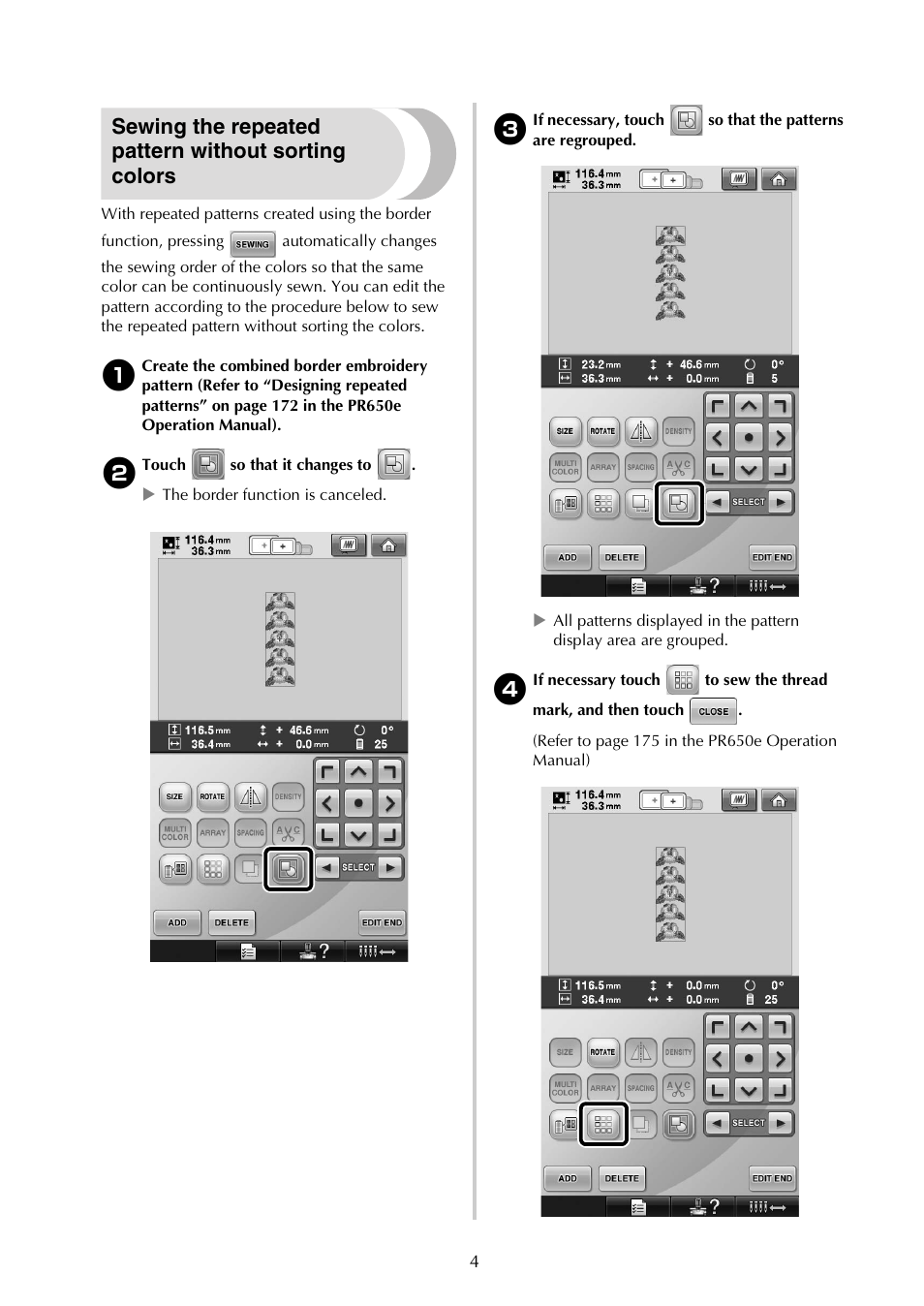 Sewing the repeated pattern without sorting colors | Brother ADDENDUM 884-T07 User Manual | Page 5 / 12