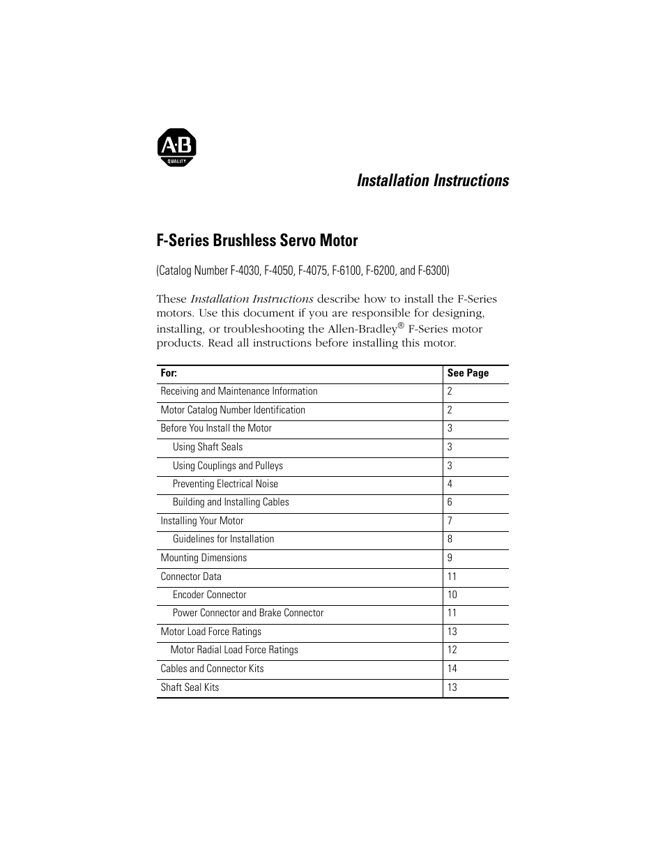 Rockwell Automation F-6300 Servo Motor Installation Instructions User Manual | 16 pages