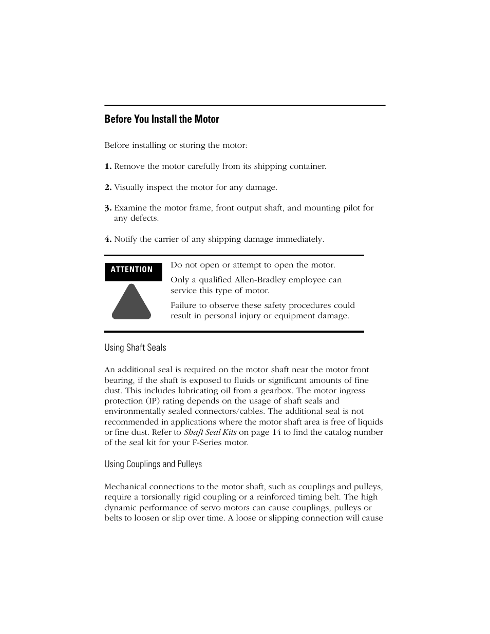 Before you install the motor, Using shaft seals, Using couplings and pulleys | Rockwell Automation F-6300 Servo Motor Installation Instructions User Manual | Page 3 / 16