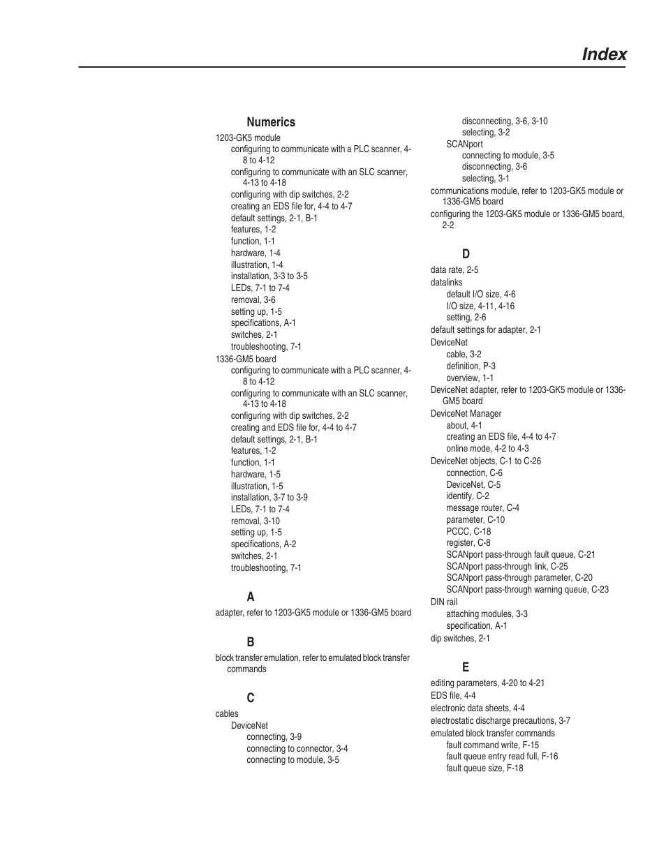 Index | Rockwell Automation 1203-GK5 DeviceNet Communications Module FRN 1.xxx-3.xxx User Manual | Page 141 / 146