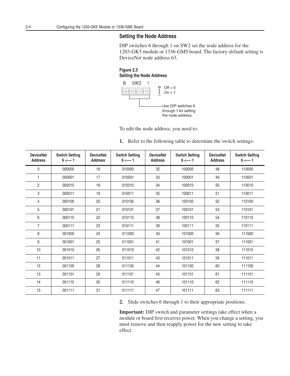 Setting the node address | Rockwell Automation 1203-GK5 DeviceNet Communications Module FRN 1.xxx-3.xxx User Manual | Page 24 / 146