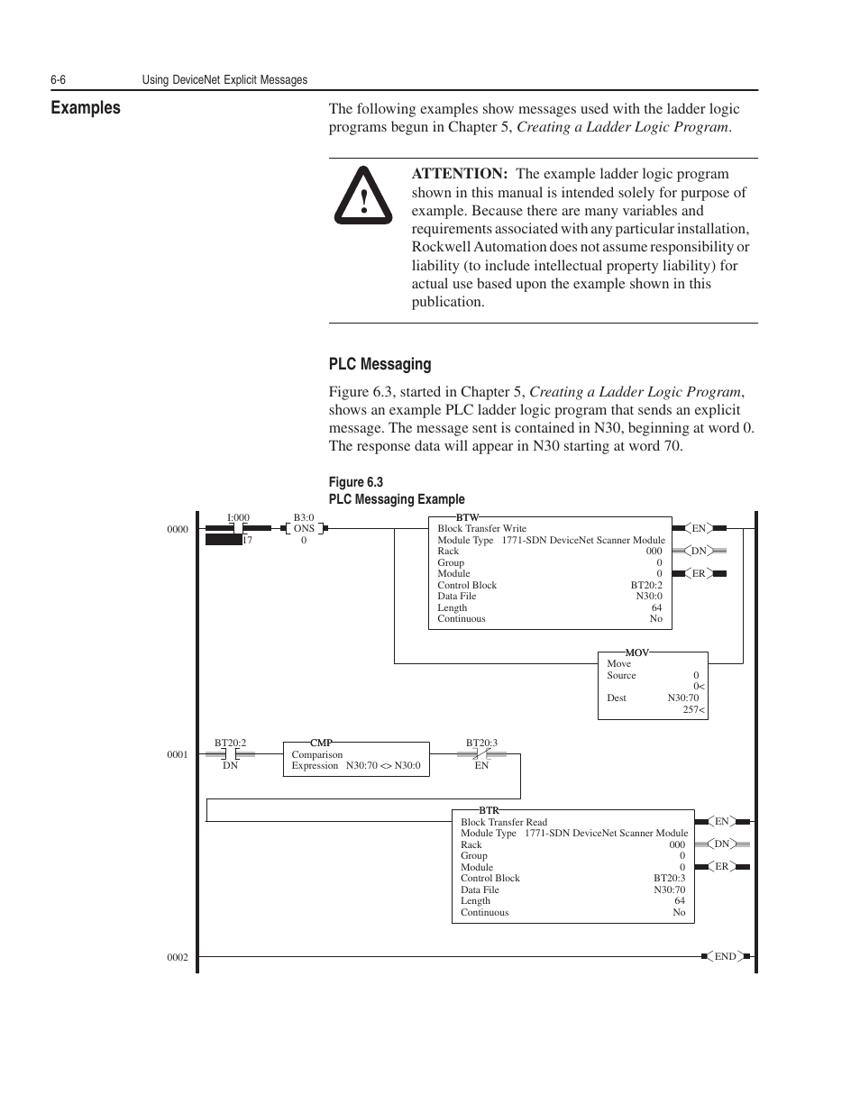 Examples, Plc messaging | Rockwell Automation 1203-GK5 DeviceNet Communications Module FRN 1.xxx-3.xxx User Manual | Page 74 / 146