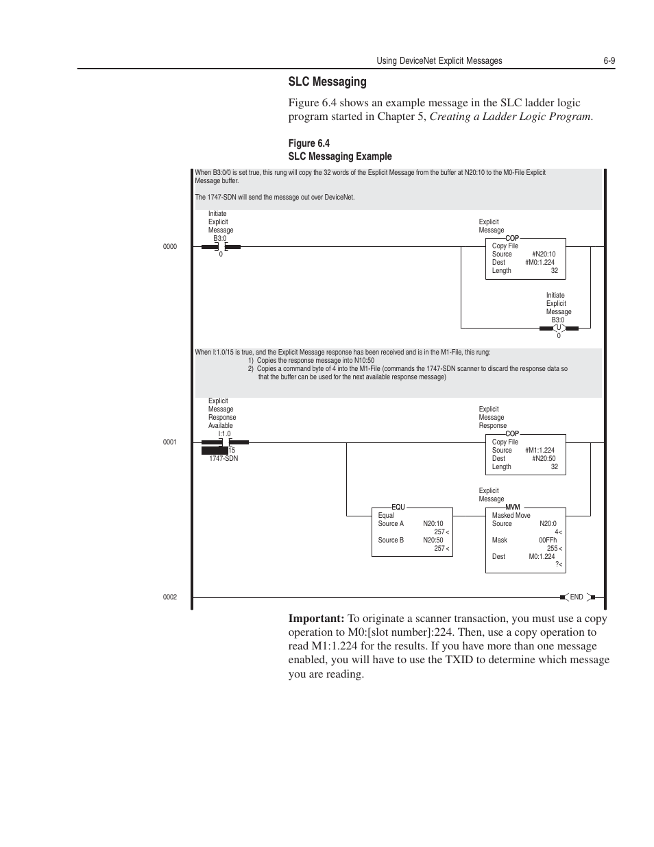 Slc messaging, Figure 6.4 slc messaging example, Using devicenet explicit messages 6-9 | Rockwell Automation 1203-GK5 DeviceNet Communications Module FRN 1.xxx-3.xxx User Manual | Page 77 / 146