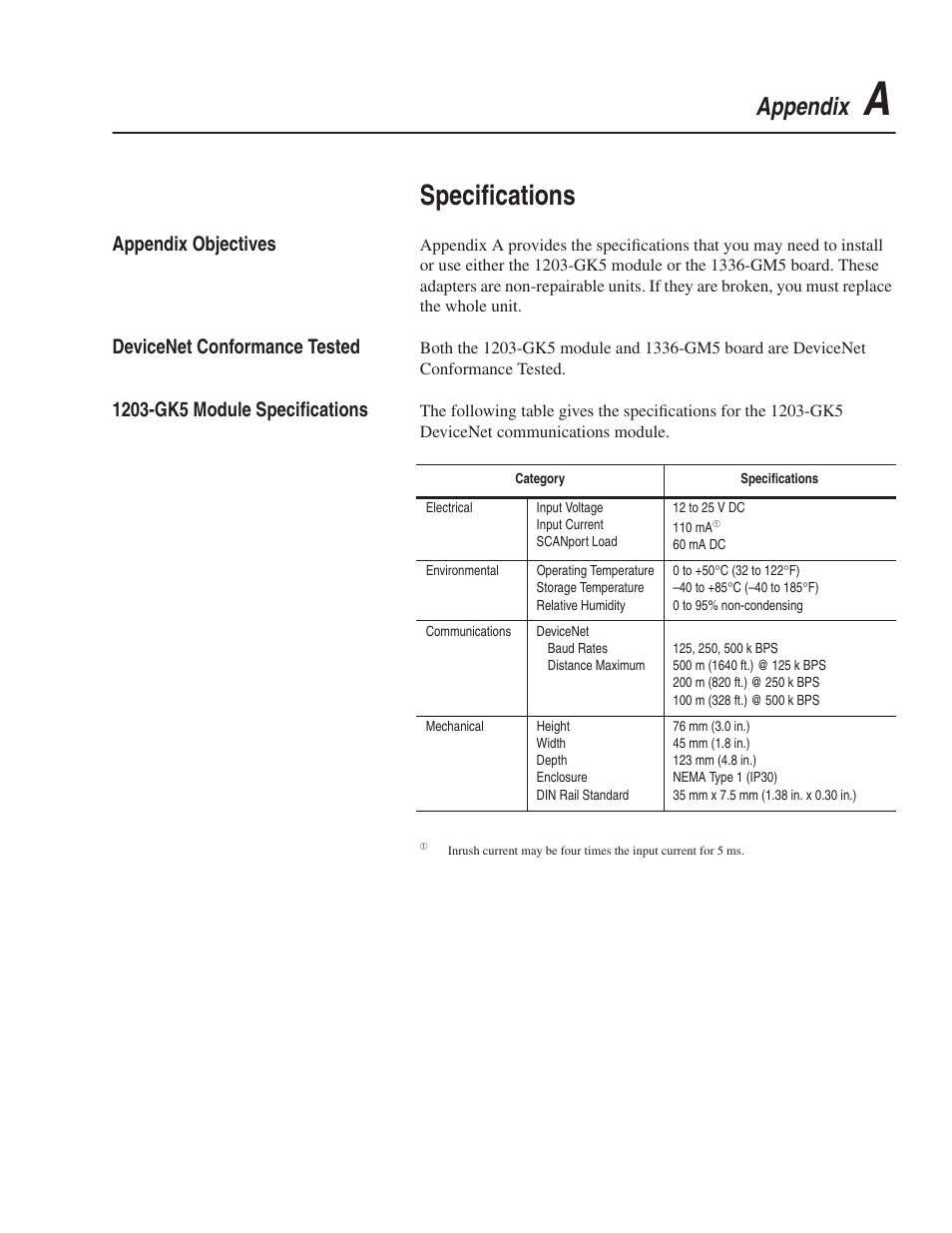 Speciﬁcations, Appendix, Appendix objectives | Devicenet conformance tested | Rockwell Automation 1203-GK5 DeviceNet Communications Module FRN 1.xxx-3.xxx User Manual | Page 85 / 146