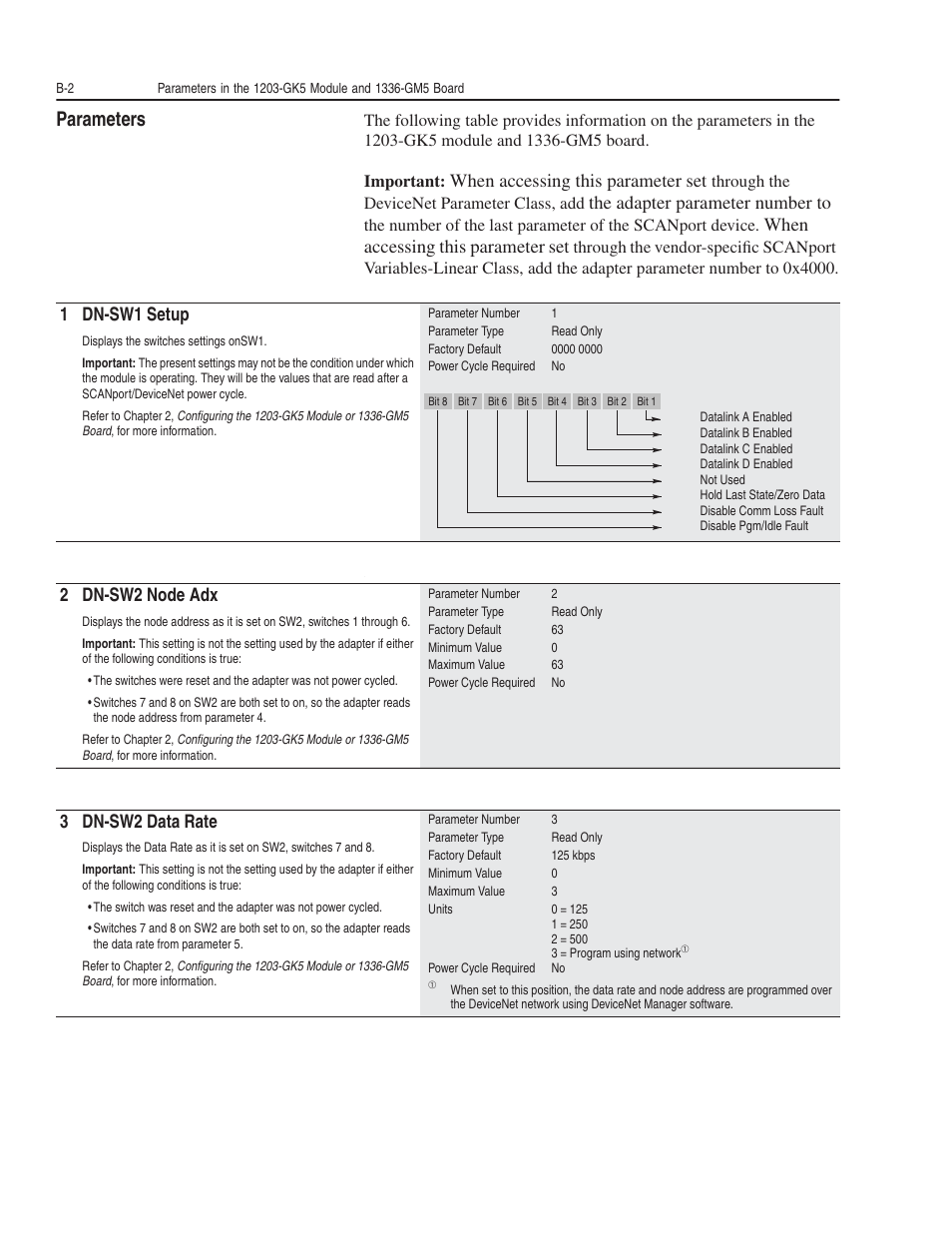 Parameters, When accessing this parameter set, The adapter parameter number to | 1 dn-sw1 setup, 2 dn-sw2 node adx, 3 dn-sw2 data rate | Rockwell Automation 1203-GK5 DeviceNet Communications Module FRN 1.xxx-3.xxx User Manual | Page 88 / 146