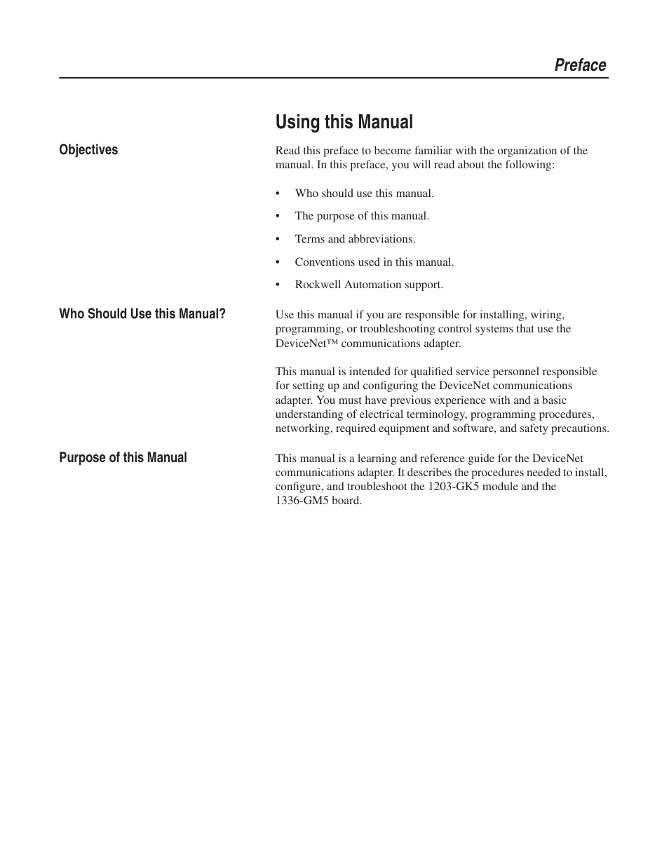 Using this manual, Preface | Rockwell Automation 1203-GK5 DeviceNet Communications Module FRN 1.xxx-3.xxx User Manual | Page 9 / 146