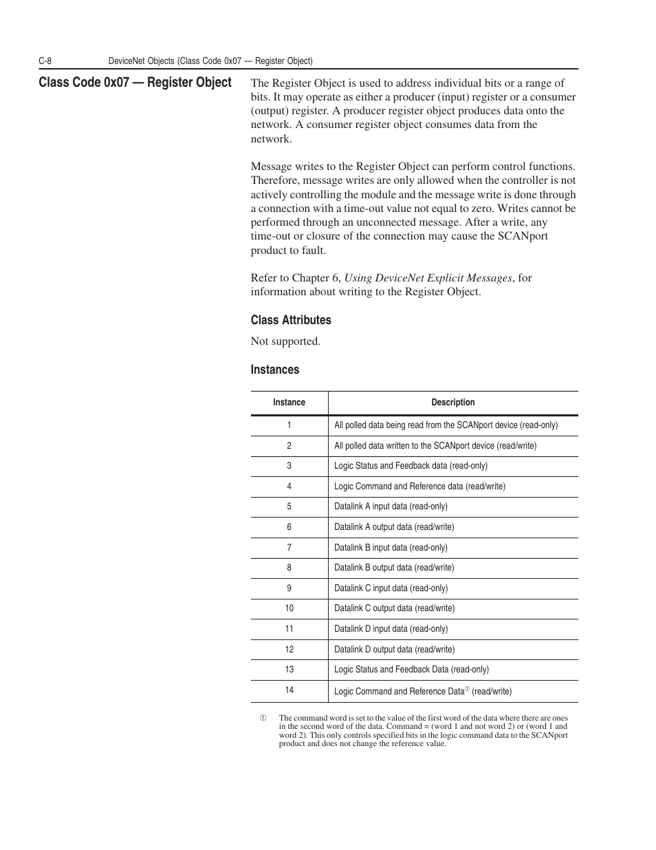 Class code 0x07 — register object, Class attributes, Instances | Rockwell Automation 1203-GK5 DeviceNet Communications Module FRN 1.xxx-3.xxx User Manual | Page 98 / 146