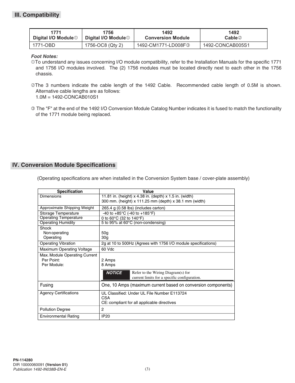 Iv. conversion module specifications, Iii. compatibility | Rockwell Automation 1492-CM1771-LD008F Fused Field Conversion Module User Manual | Page 3 / 6