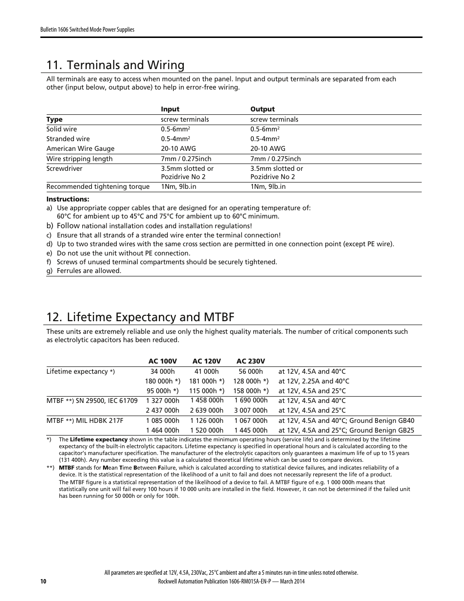Terminals and wiring, Lifetime expectancy and mtbf | Rockwell Automation 1606-XLP60BQ Power Supply Reference Manual User Manual | Page 10 / 24