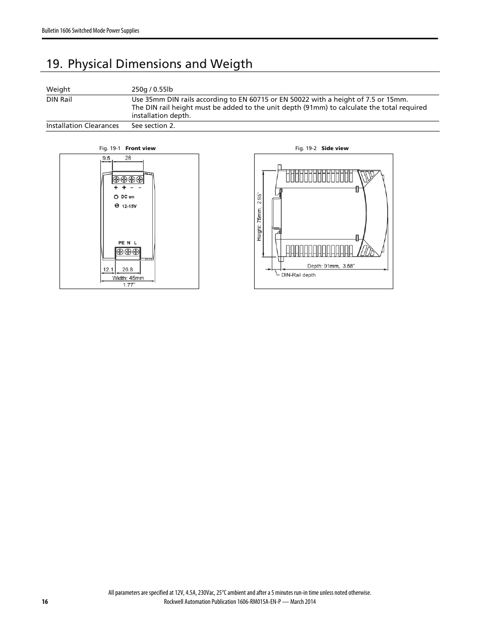 Physical dimensions and weigth | Rockwell Automation 1606-XLP60BQ Power Supply Reference Manual User Manual | Page 16 / 24