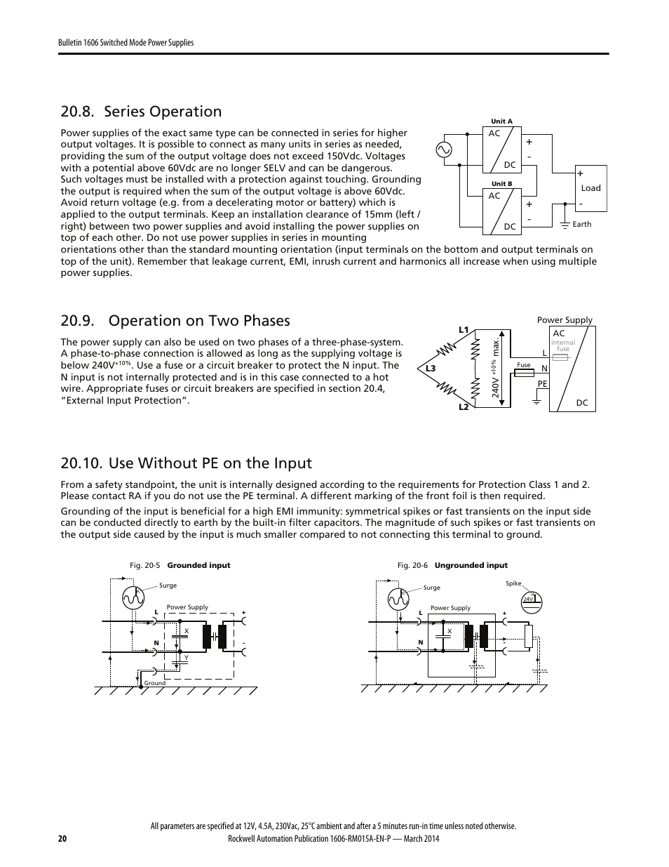 Series operation, Operation on two phases, Use without pe on the input | Rockwell Automation 1606-XLP60BQ Power Supply Reference Manual User Manual | Page 20 / 24