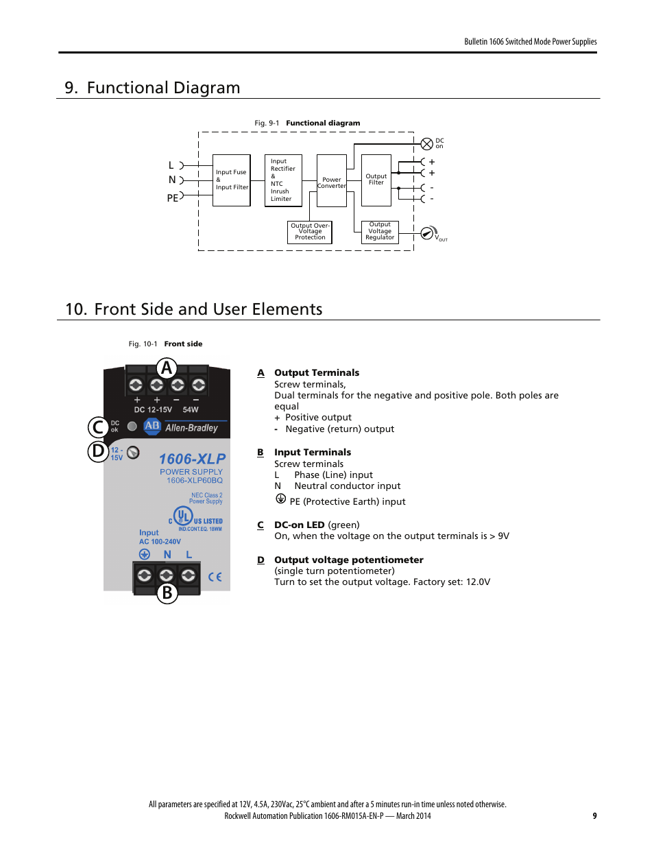 Ab c d, Functional diagram, Front side and user elements | Rockwell Automation 1606-XLP60BQ Power Supply Reference Manual User Manual | Page 9 / 24