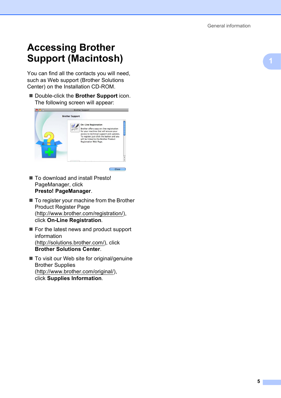 Accessing brother support (macintosh) | Brother DCP-J125 User Manual | Page 19 / 83