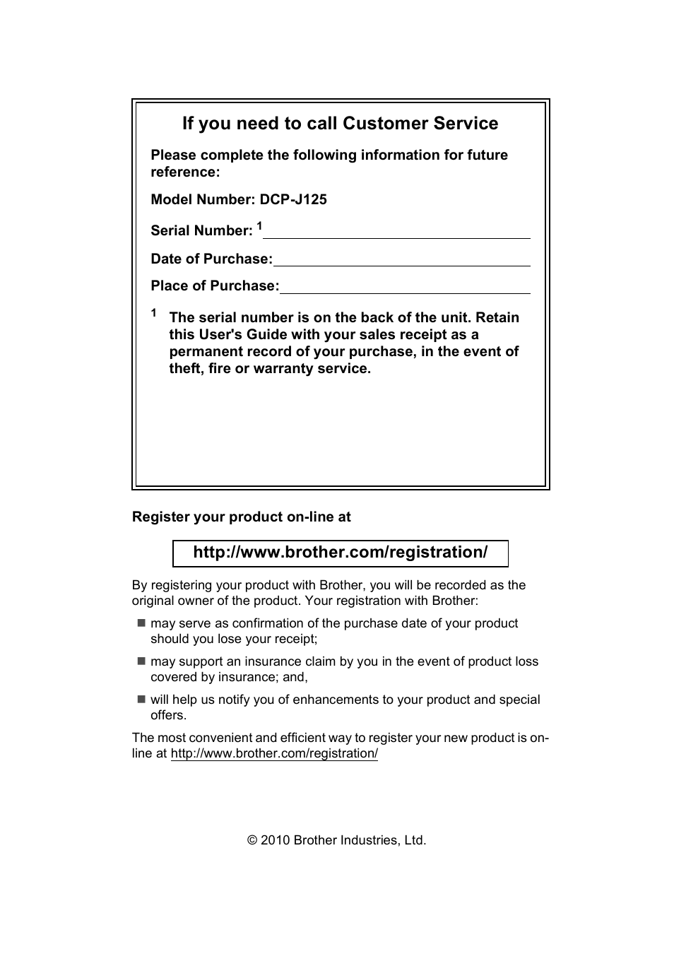 If you need to call customer service | Brother DCP-J125 User Manual | Page 2 / 83