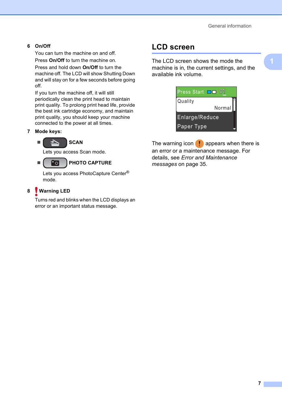 Lcd screen | Brother DCP-J125 User Manual | Page 21 / 83