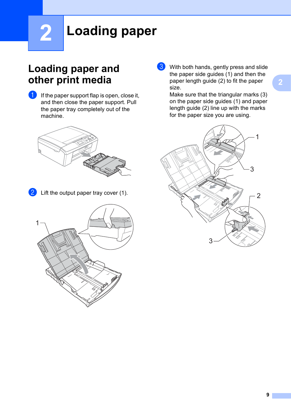 2 loading paper, Loading paper and other print media, Loading paper | Brother DCP-J125 User Manual | Page 23 / 83