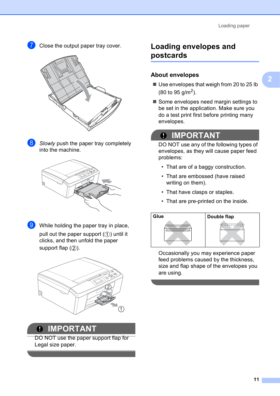 Loading envelopes and postcards, About envelopes, Important | Brother DCP-J125 User Manual | Page 25 / 83