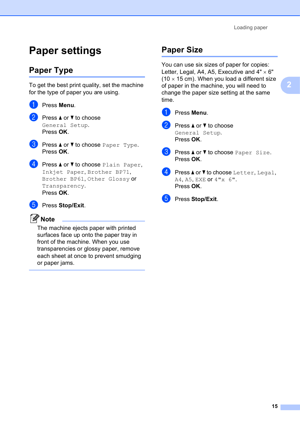 Paper settings, Paper type, Paper size | Paper type paper size | Brother DCP-J125 User Manual | Page 29 / 83