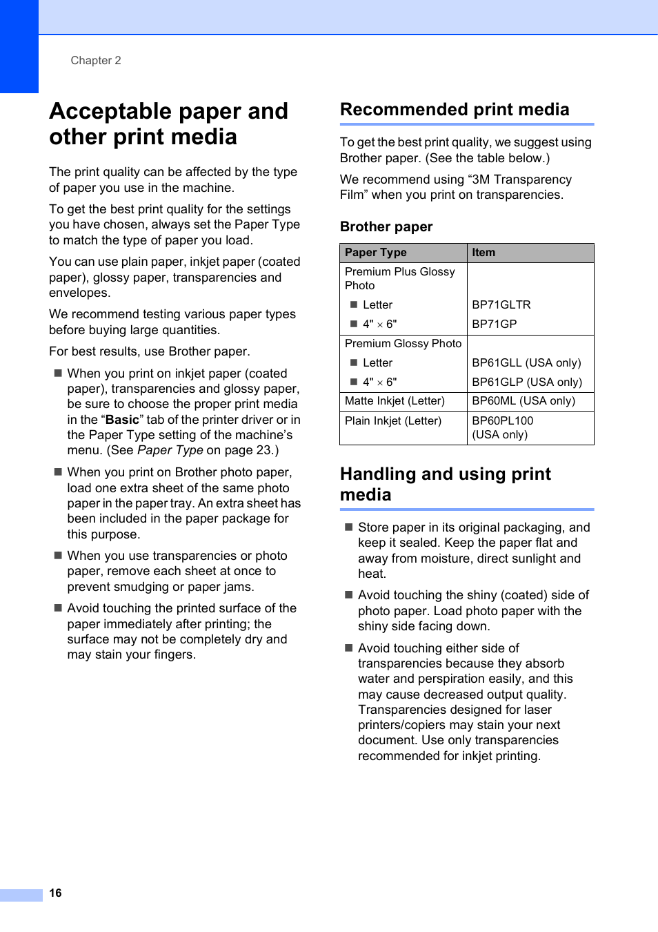 Acceptable paper and other print media, Recommended print media, Handling and using print media | Brother DCP-J125 User Manual | Page 30 / 83