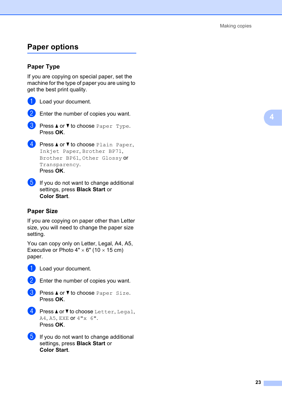 Paper options, Paper type, Paper size | 4paper options | Brother DCP-J125 User Manual | Page 37 / 83