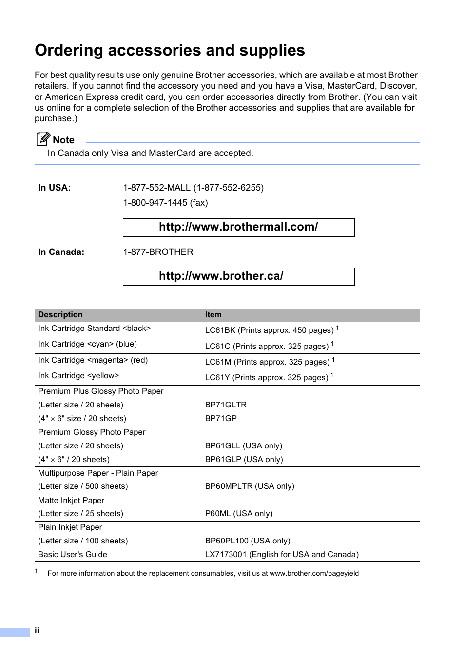 Ordering accessories and supplies | Brother DCP-J125 User Manual | Page 4 / 83
