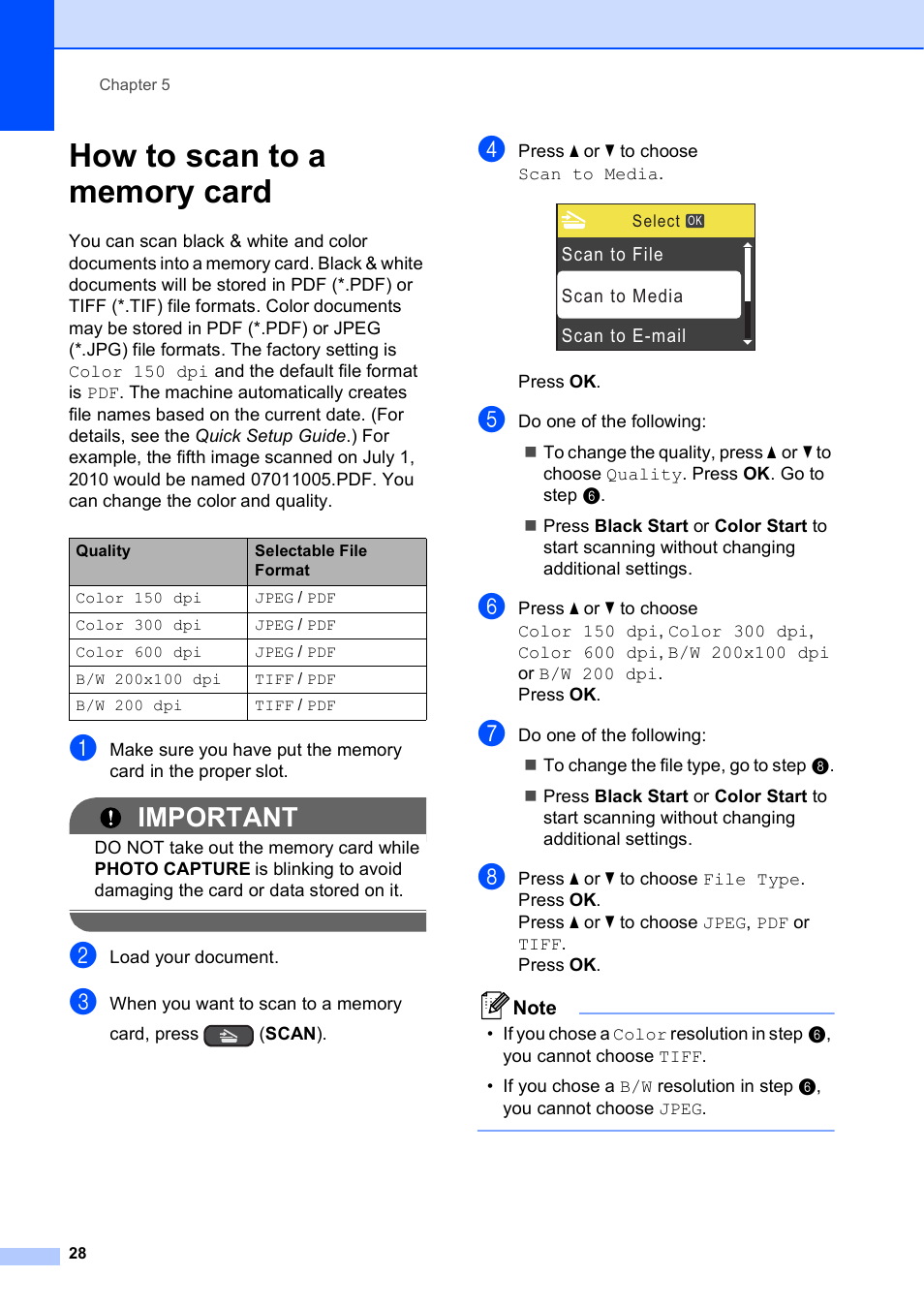 How to scan to a memory card, Important | Brother DCP-J125 User Manual | Page 42 / 83