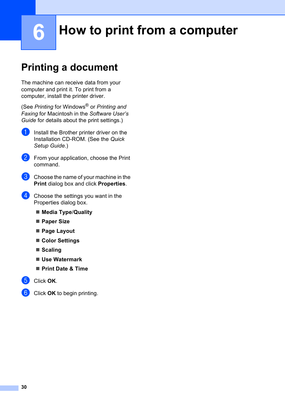 6 how to print from a computer, Printing a document, How to print from a computer | Brother DCP-J125 User Manual | Page 44 / 83