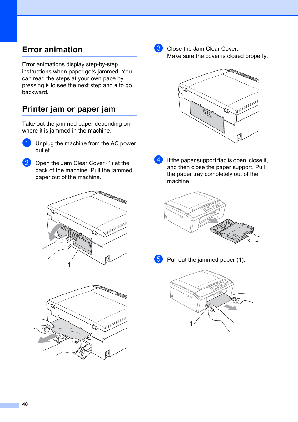Error animation, Printer jam or paper jam, Error animation printer jam or paper jam | Brother DCP-J125 User Manual | Page 54 / 83