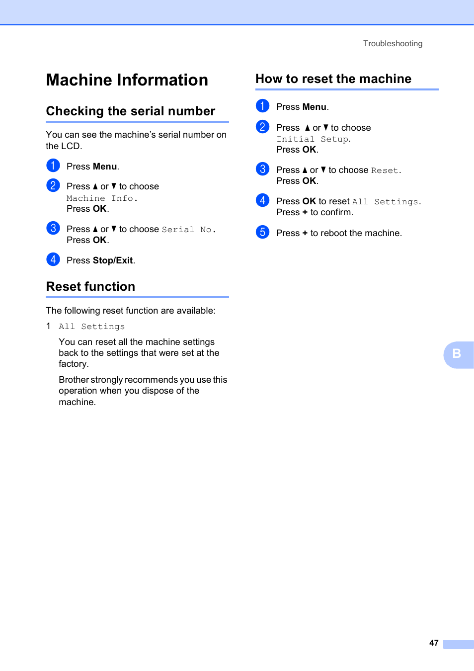 Machine information, Checking the serial number, Reset function | How to reset the machine | Brother DCP-J125 User Manual | Page 61 / 83