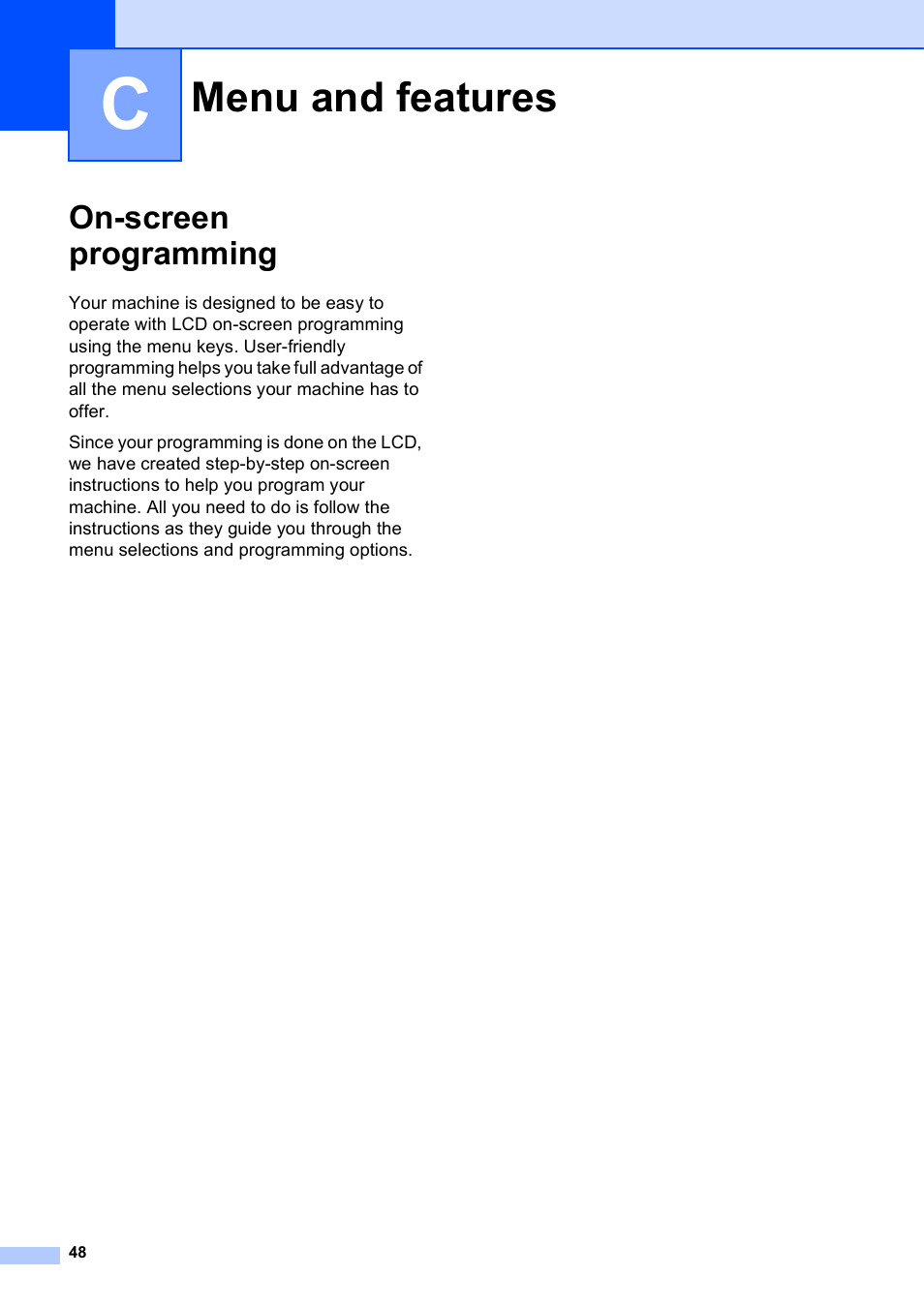 C menu and features, On-screen programming, Menu and features | Brother DCP-J125 User Manual | Page 62 / 83