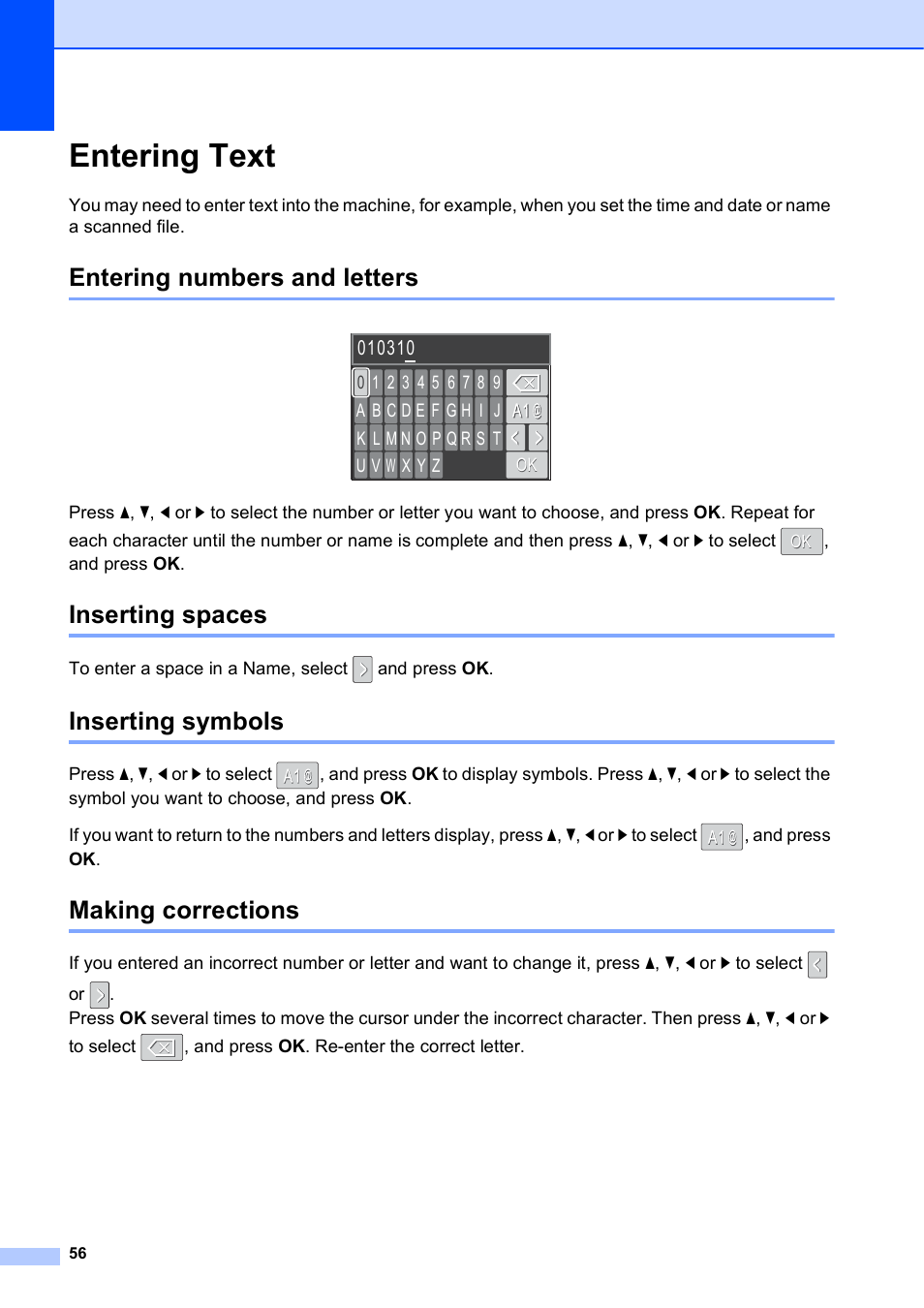 Entering text, Entering numbers and letters, Inserting spaces | Inserting symbols, Making corrections | Brother DCP-J125 User Manual | Page 70 / 83