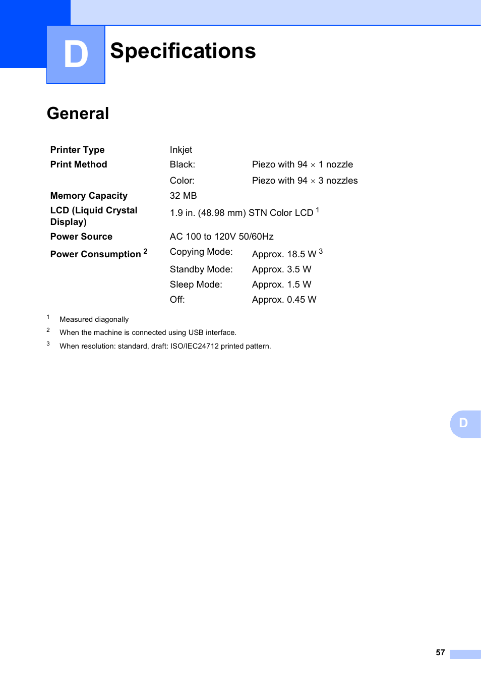 D specifications, General, Specifications | Brother DCP-J125 User Manual | Page 71 / 83