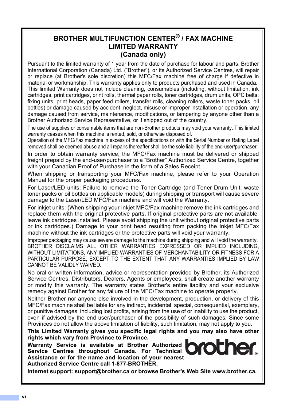 Brother multifunction center, Fax machine limited warranty (canada only) | Brother DCP-J125 User Manual | Page 8 / 83