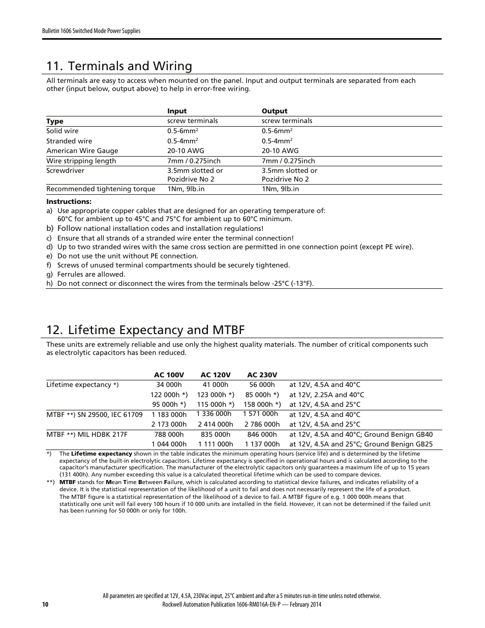 Terminals and wiring, Lifetime expectancy and mtbf | Rockwell Automation 1606-XLP60BQT Power Supply Reference Manual User Manual | Page 10 / 24