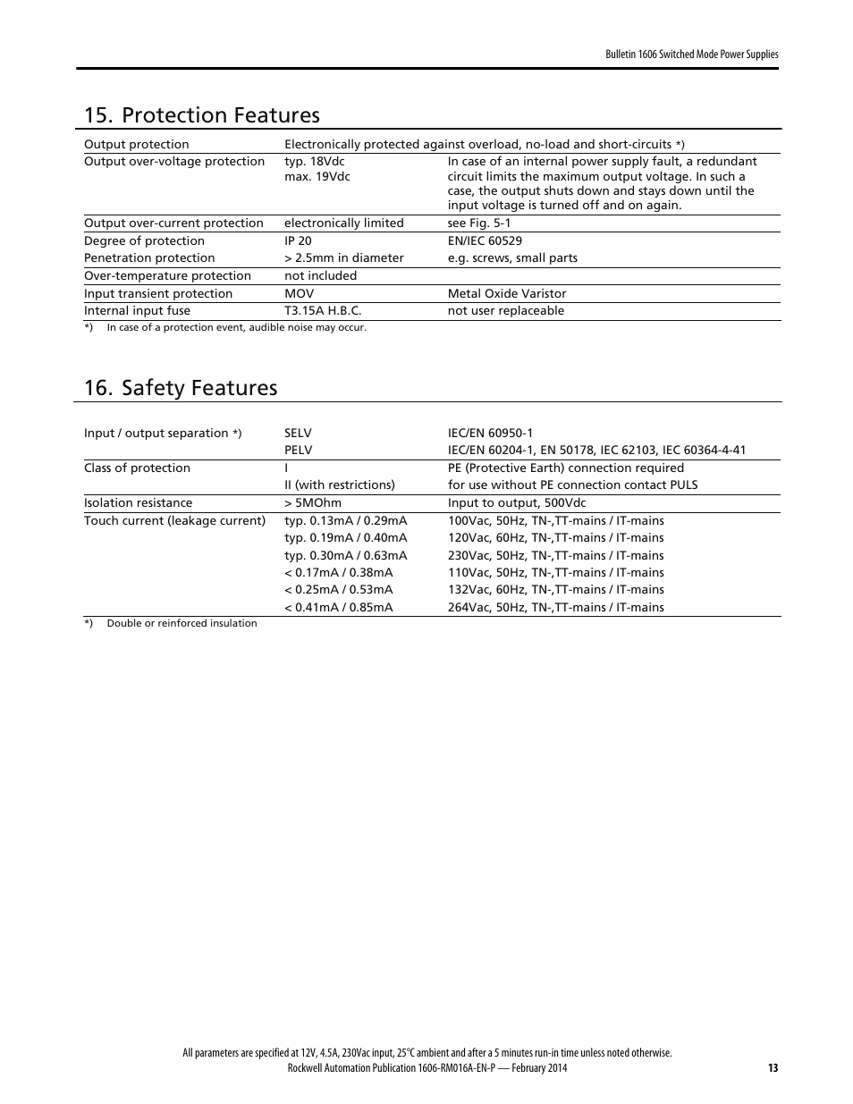 Protection features, Safety features | Rockwell Automation 1606-XLP60BQT Power Supply Reference Manual User Manual | Page 13 / 24