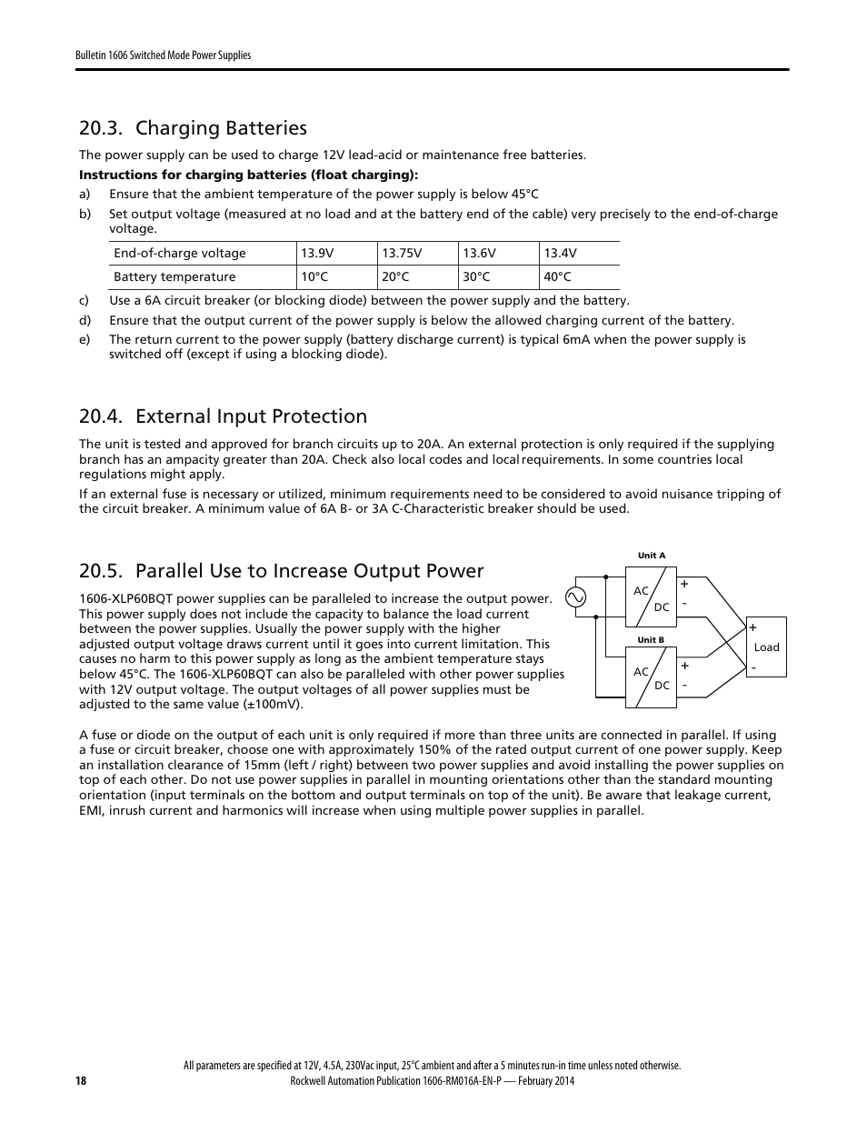 Charging batteries, External input protection, Parallel use to increase output power | Rockwell Automation 1606-XLP60BQT Power Supply Reference Manual User Manual | Page 18 / 24