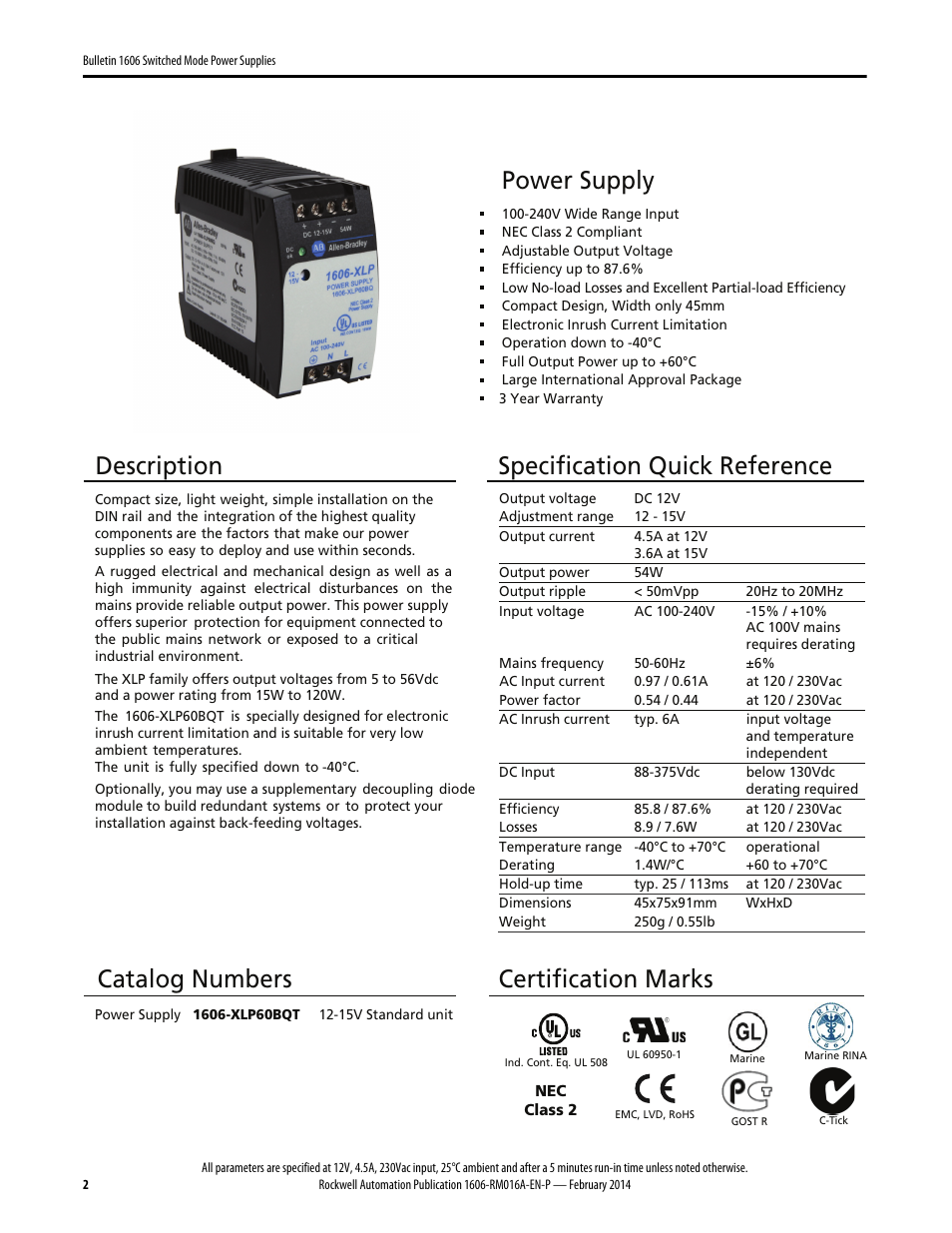 Power supply, Description, Specification quick reference | Catalog numbers, Certification marks | Rockwell Automation 1606-XLP60BQT Power Supply Reference Manual User Manual | Page 2 / 24
